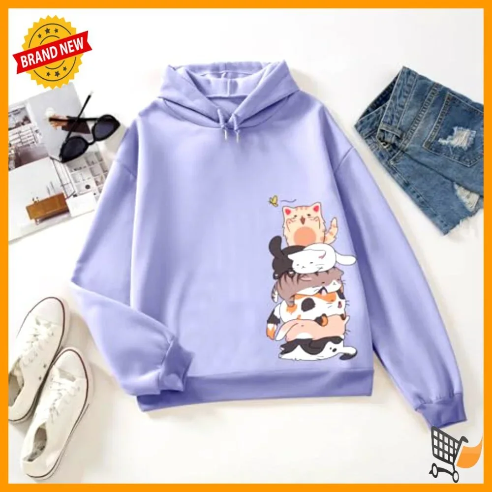 Oversized Cat Graphic Hoodie Kawaii Anime Print Pullover Y2K Chic Casual - Picture 3 of 6